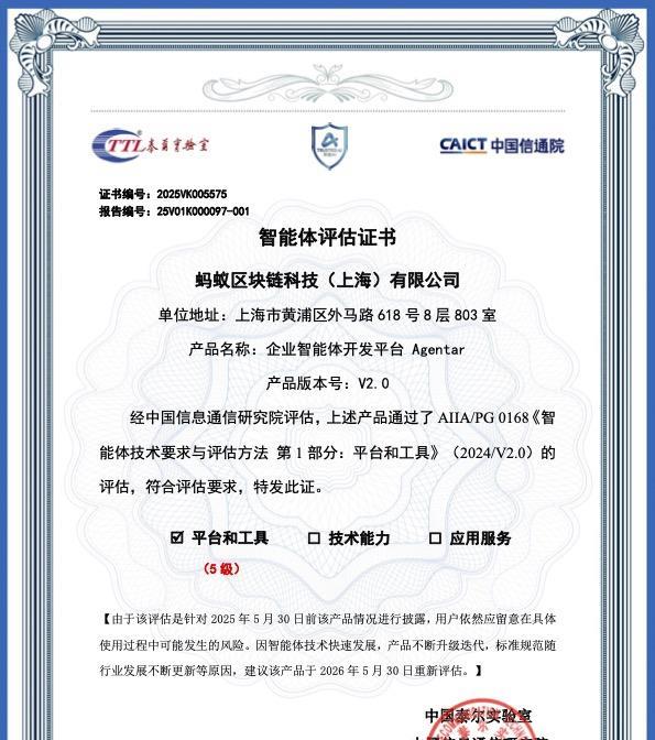 中国信通院公布可信 AI 智能体评估进展 蚂蚁数科 Agentar 获最高评级  第1张